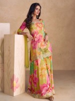 Mustard Chinon Silk Party Wear Plazzo Suit